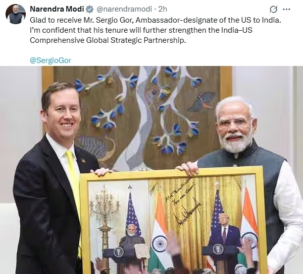 இந்தியாவுக்கான புதிய அமெரிக்க தூதர் செர்ஜியோ கோர் பிரதமர் மோடியுடன் சந்திப்பு