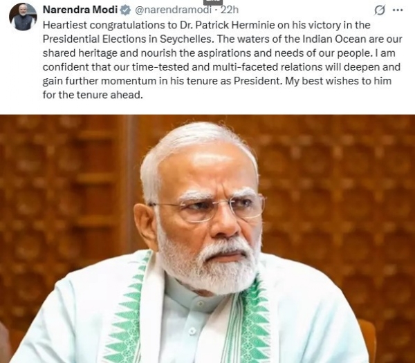 இரு நாட்டின் உறவுகள் ஆழமடைந்து மேலும் உத்வேகம் பெற ஒன்றாக இணைந்து உழைப்போம் - செஷல்ஸ் நாட்டின் புதிய அதிபருக்கு பிரதமர் மோடி வாழ்த்து