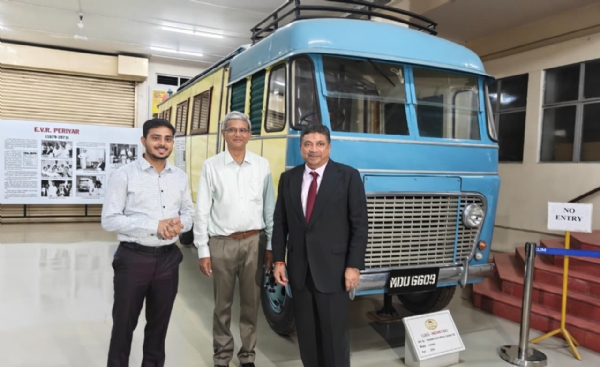 Minister Palanivel Thiagarajan happily sat in the campaign vehicle once used by Periyar in Coimbatore.