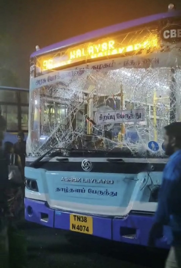 A government town bus in Coimbatore went out of control at the Gandhipuram bus stand, hitting passengers who were standing nearby.