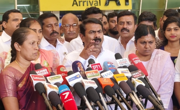 At the Coimbatore airport, Naam Tamilar Katchi’s coordinator Seeman met with the journalists. At the Coimbatore airport, Naam Tamilar Katchi’s coordinator Seeman met with the journalists.