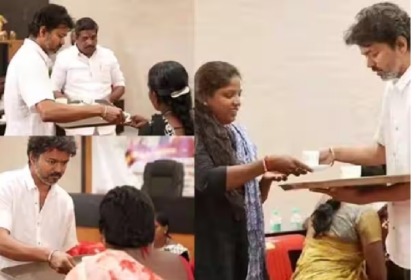 கரூர் கூட்ட நெரிசலில் சிக்கி உயிரிழந்தவர்களின் குடும்பத்தினரை நேரில் சந்தித்து   த.வெ.க தலைவர் விஜய் ஆறுதல்