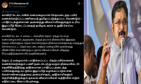 விவசாயிகளுக்கு பயிர்க்காப்பீட்டுத் தொகையை விரைந்து வழங்குவதற்கான நடவடிக்கை எடுக்க வேண்டும் - டிடிவி தினகரன் கோரிக்கை விவசாயிகளுக்கு பயிர்க்காப்பீட்டுத் தொகையை விரைந்து வழங்குவதற்கான நடவடிக்கை எடுக்க வேண்டும் - டிடிவி தினகரன் கோரிக்கை