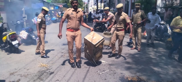 Coimbatore: Tamil Puligal Party members burn effigies of Edappadi Palaniswami and Modi. Coimbatore: Tamil Puligal Party members burn effigies of Edappadi Palaniswami and Modi.