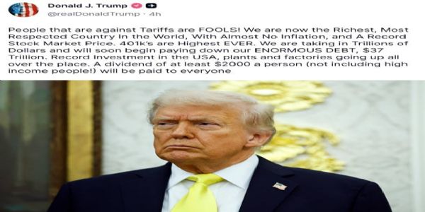 வரிகள் மூலம் கிடைக்கும் வருவாயிலிருந்து குறிப்பிட்ட தொகையை குடிமக்களுக்கு பிரித்துக் கொடுக்க உத்தேசம் - அதிரடி அறிவிப்பை வெளியிட்ட டிரம்ப்