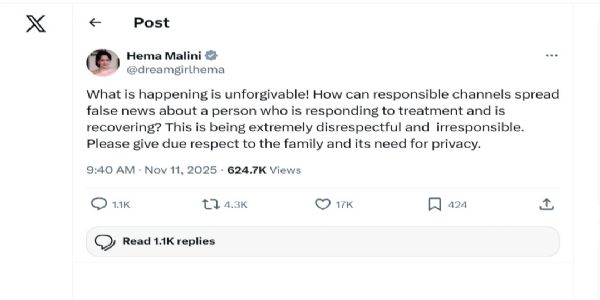 தர்மேந்திராவின் மரணச் செய்தி தவறானது , அவர் குணமடைந்து வருகிறார் - ஹேமா மாலினி!!