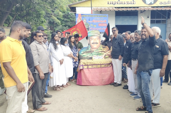 The members of the Thanthai Periyar Dravidar Kazhagam celebrated the 71st birthday of Leader Prabhakaran by cutting a cake and bursting crackers.