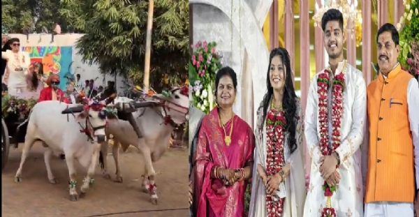 மாட்டு வண்டியில் மணமக்கள் ஊர்வலம் - வைரலாகும் மத்திய பிரதேச முதல்வர் இல்ல திருமணம் மாட்டு வண்டியில் மணமக்கள் ஊர்வலம் - வைரலாகும் மத்திய பிரதேச முதல்வர் இல்ல திருமணம்