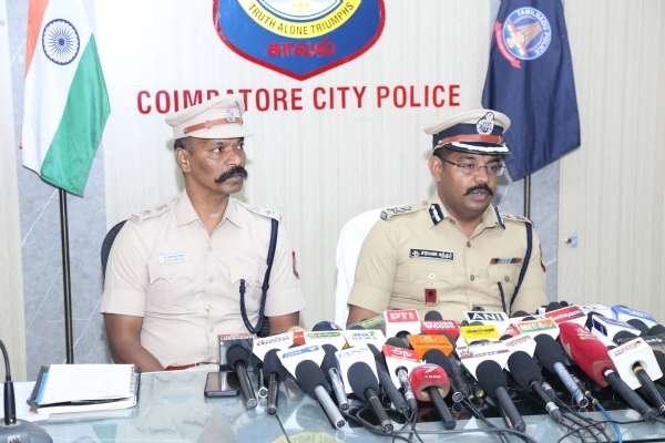 The Coimbatore City Police Commissioner Saravana Sundar spoke to reporters today morning at the Commissioner’s office. The Coimbatore City Police Commissioner Saravana Sundar spoke to reporters today morning at the Commissioner’s office.