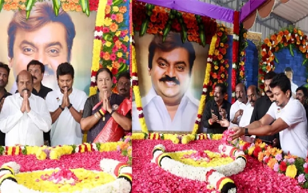 இன்று தேமுதிக தலைவர் விஜயகாந்த் 2-ம் ஆண்டு நினைவு தினம் - நினைவிடத்தில் துணை முதல்வர் உதயநிதி ஸ்டாலின் அஞ்சலி