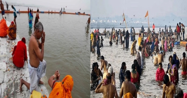 பௌஷ் பூர்ணிமாவை முன்னிட்டு பிரயாகையில் உள்ள திரிவேணி சங்கமத்தில் முதல் நீராடுதல், புனித நீராடுதல் பௌஷ் பூர்ணிமாவை முன்னிட்டு பிரயாகையில் உள்ள திரிவேணி சங்கமத்தில் முதல் நீராடுதல், புனித நீராடுதல்