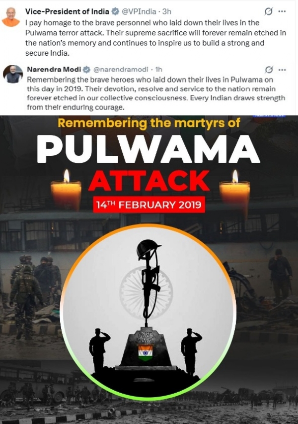 2019 புல்வாமா பயங்கரவாத தாக்குதலில் உயிரிழந்த வீரர்களுக்கு துணை ஜனாதிபதி சி பி ராதாகிருஷ்ணன் மற்றும் பிரதமர் நரேந்திர மோடி இன்று அஞ்சலி