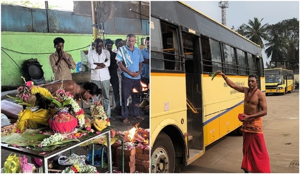 விபத்துகளை தடுக்க திருவாரூர் அரசு போக்குவரத்து கழக பணிமனையில் பரிகார பூஜை
