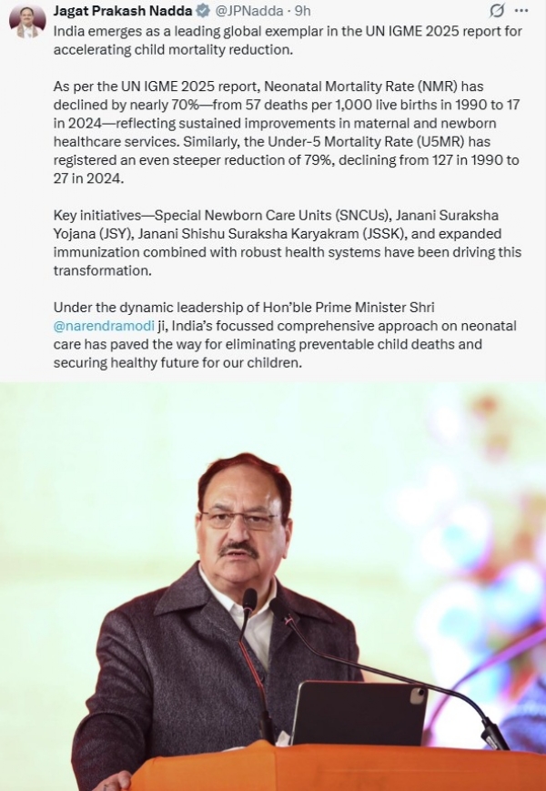 பச்சிளங்குழந்தைகள் இறப்பு விகிதக் குறைப்பில் இந்தியா முன்னணி - மத்திய அமைச்சர் ஜே.பி. நட்டா பாராட்டு