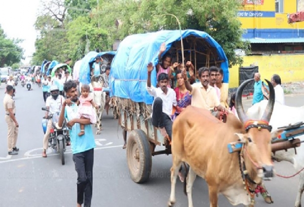 Villagers arriving in bullock carts to worship Lord Perumal at Srirangam Villagers arriving in bullock carts to worship Lord Perumal at Srirangam
