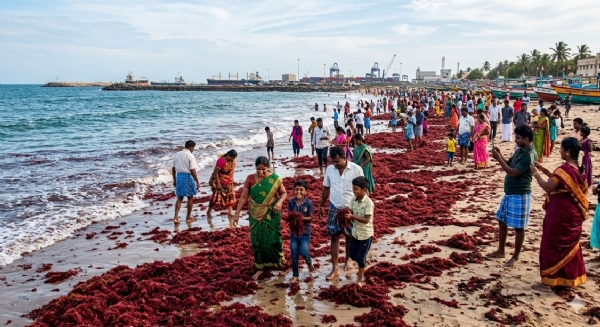 Red seaweed washes ashore along Thoothukudi Harbour Beach Red seaweed washes ashore along Thoothukudi Harbour Beach