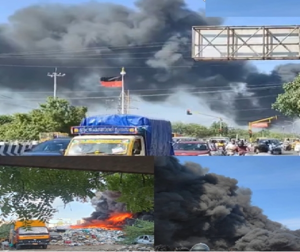குப்பை கிடங்கில் திடீர் தீ விபத்து - பறிமுதல் வாகனங்கள் நிறுத்திய பகுதியில் தீ கொழுந்துவிட்டு எரிவதால் பரபரப்பு