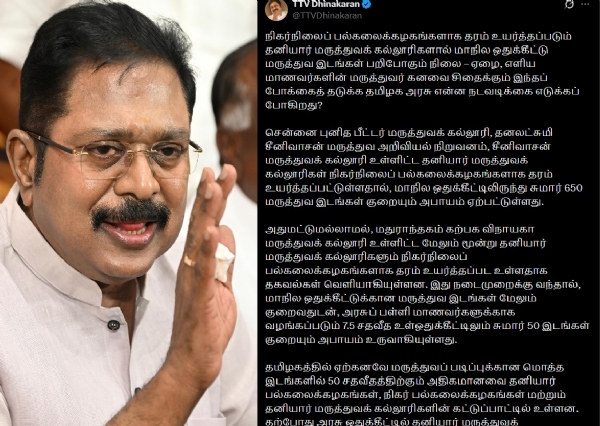 தனியார் மருத்துவக் கல்லூரிகளை நிகர்நிலைப் பல்கலைக்கழகங்களாக தரம் உயர்த்தும் முடிவு ஏழை மாணவர்களின் மருத்துவர் கனவை சிதைக்கும் போக்கு - டிடிவி தினகரன் கண்டனம் தனியார் மருத்துவக் கல்லூரிகளை நிகர்நிலைப் பல்கலைக்கழகங்களாக தரம் உயர்த்தும் முடிவு ஏழை மாணவர்களின் மருத்துவர் கனவை சிதைக்கும் போக்கு - டிடிவி தினகரன் கண்டனம்