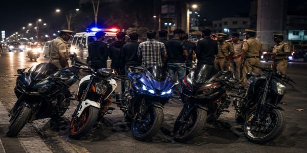 சென்னையில் நள்ளிரவு பைக் ரேஸ் - 10 பேர் பிடிபட்டனர், 5 இருசக்கர வாகனங்கள் பறிமுதல்