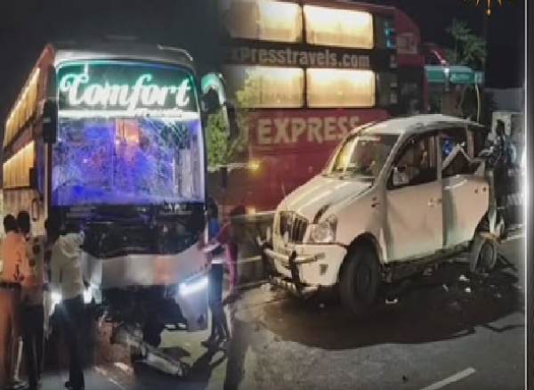 Omni bus collides head-on with car
